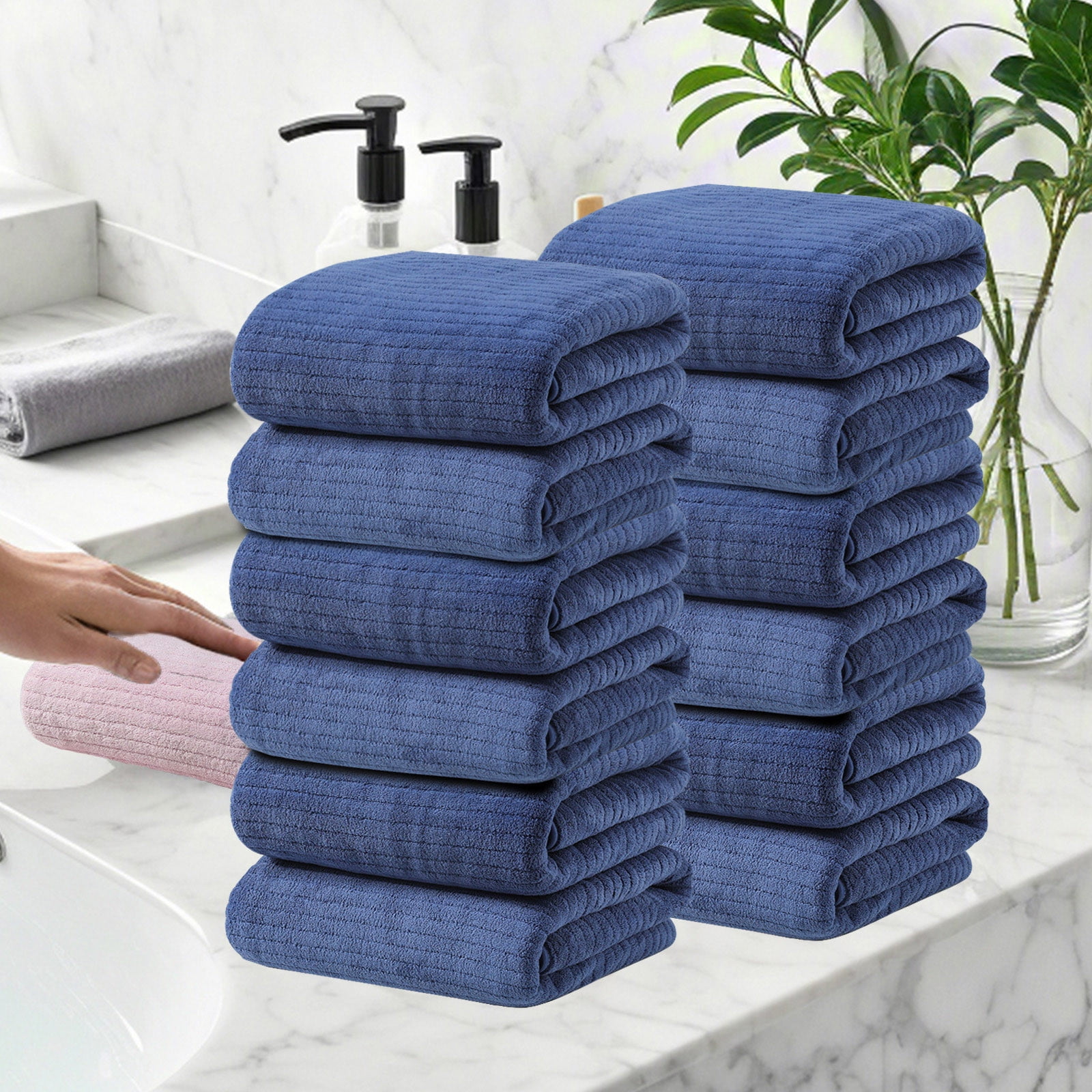 EazyTech 12 Pack Soft Absorbent Hand Towels for Bathroom Kitchen Face Wash Spa Pool Gym & Household Use, 14"x30" Quick Drying Microfiber Towel Set(Blue)