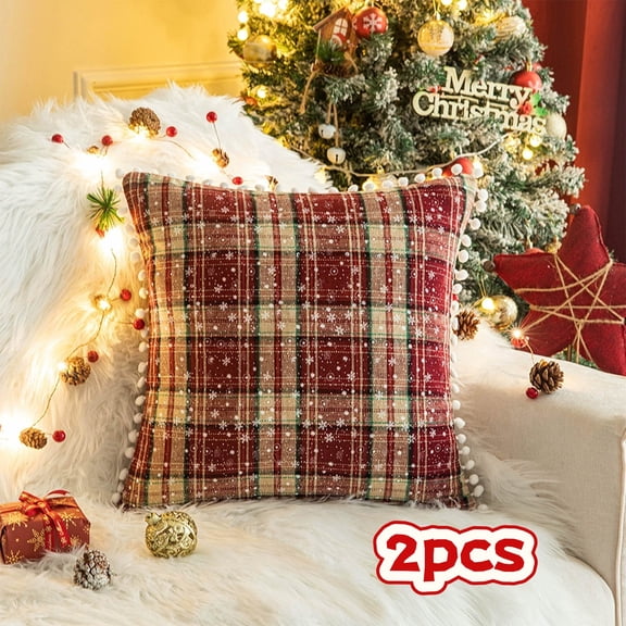 EazyTech 2-Pack Christmas Red Plaid Pillow Covers 18x18 Inch, Snowflake & Pom Pom Trim Tartan Pillow Cover Holiday Decor for Sofa Living Room​​