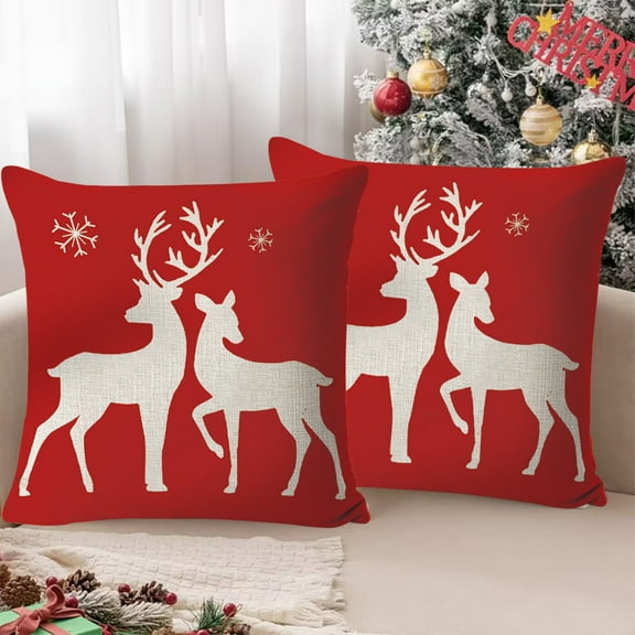 EazyTech 2 Pack Red Christmas Pillow Cover 18x18 Inch, Snowflake Reindeer Print Holiday Decor for Sofa Home, Soft Polyester with Hidden Zipper​