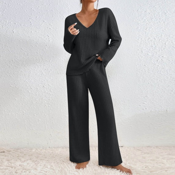 EazyTech 2 Piece Outfits for Women Long Sleeve Knit Sweater Top and Wide Leg Pants Ribbed Lounge Matching Set Fall Winter