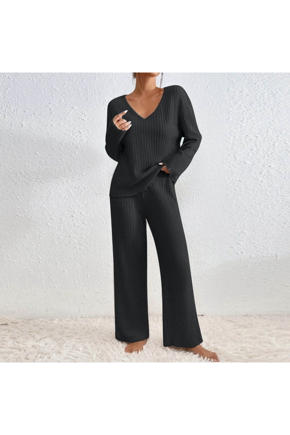 2 Piece Outfits for Women Long Sleeve Knit Sweater Top and Wide Leg Pants Ribbed Lounge Matching Set Fall Winter