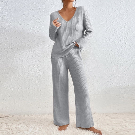EazyTech 2 Piece Outfits for Women Long Sleeve Knit Sweater Top and Wide Leg Pants Ribbed Lounge Matching Set Fall Winter