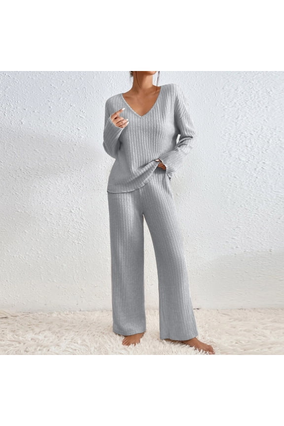2 Piece Outfits for Women Long Sleeve Knit Sweater Top and Wide Leg Pants Ribbed Lounge Matching Set Fall Winter