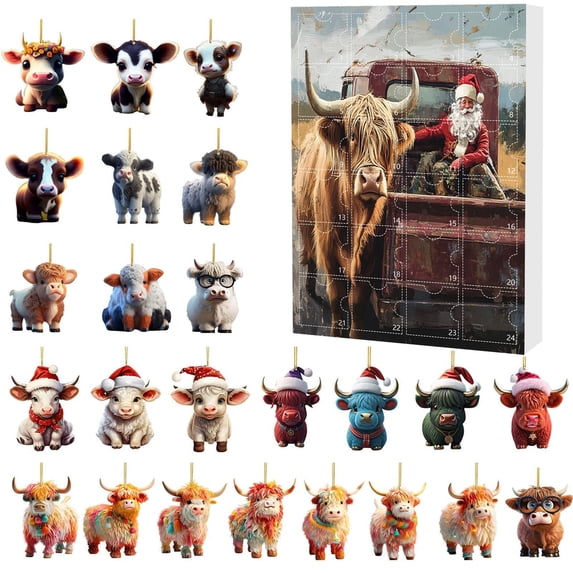 EazyTech 2025 Christmas Cow Advent Calendar - 24-Day Countdown with Highland Cattle Ornaments, Acrylic Safe Hanging Decor, Reusable Holiday Gift for Family (Multi-Functional Display)