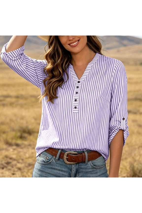 3/4 Roll Up Sleeve Tunics for Women Loose Fit Striped Henley Shirts Dressy Casual V Neck Button Trim T-Shirts