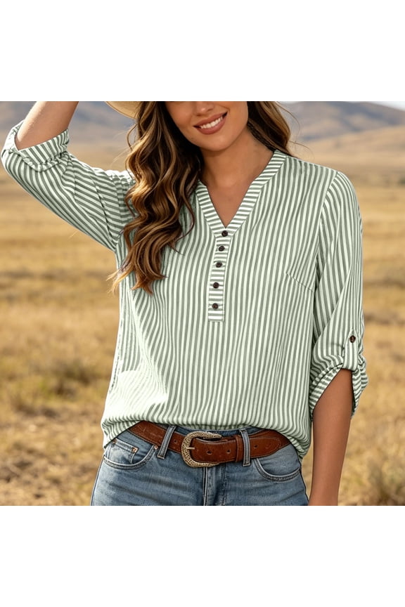 3/4 Roll Up Sleeve Tunics for Women Loose Fit Striped Henley Shirts Dressy Casual V Neck Button Trim T-Shirts