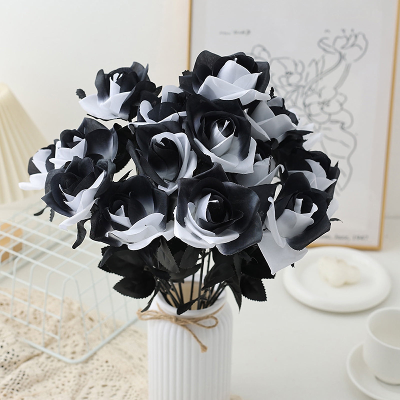 EazyTech 3 Pack Black Artificial Silk Roses for Halloween Wedding Party ...