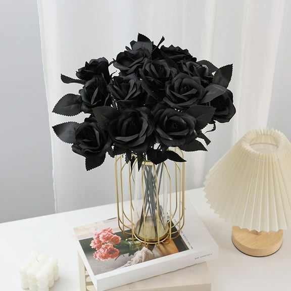 EazyTech 3 Pack Black Artificial Silk Roses for Halloween Wedding Party Home Decor, Realistic Fake Flowers for Vase Centerpieces, Gift Box, Festival Events