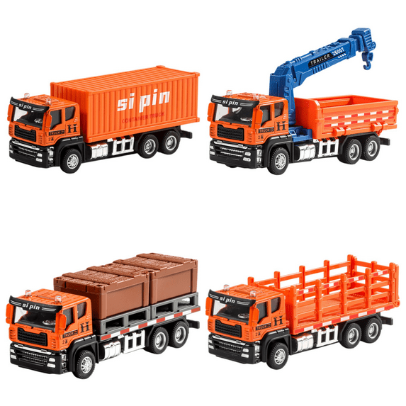 EazyTech 4 Pack Engineering Vehicle Toy Set Inertial Tow Truck,Dump Truck,Flatbed Stake & Container Trucks Toys,Metal Construction Cars for Boys Kids Ages 3-6, Friction Powered Play Christmas Gifts