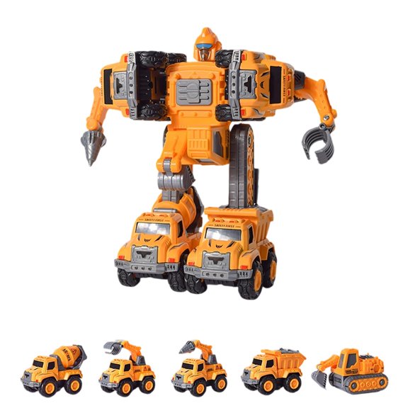 EazyTech 5-in-1 Take Apart Dinosaur Transforming Robot Toy Set, Construction Vehicle to Robot with Pull Back Action, Learning Building Kit for Boys Age 3-8, No Battery Needed Kids Gift