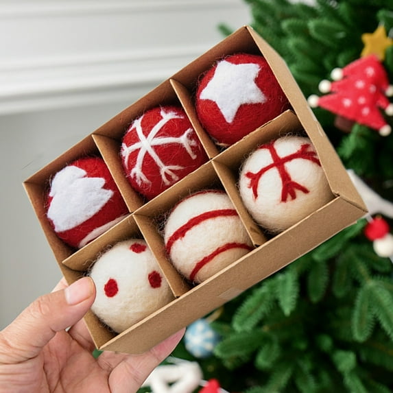 EazyTech 6PCS DIY Christmas Ornaments Kit 2" Wool Ball Decor with Snowflake Holiday Patterns, Handmade Xmas Tree Decorations, Festive Craft for Gift Topper Party Home Decor