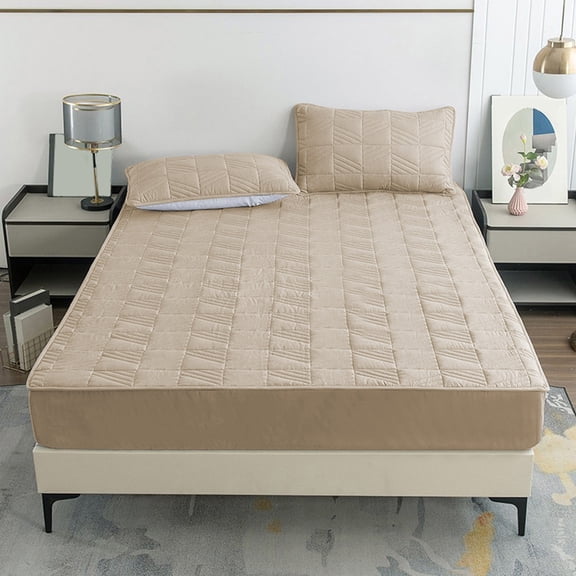 EazyTech 78.7"x59" Quilted Fitted Sheet Washed Cotton Solid Color Skin-Friendly Breathable Non-Slip Thickened Dirt-Proof Bed Cover(Queen,Khaki)