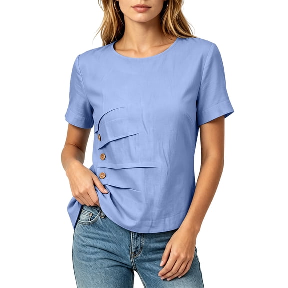 EazyTech Asymmetrical Blouse Women Slim Fit Ruched Buttons Tops Crewneck Short Sleeve Casual Vacation Shirts