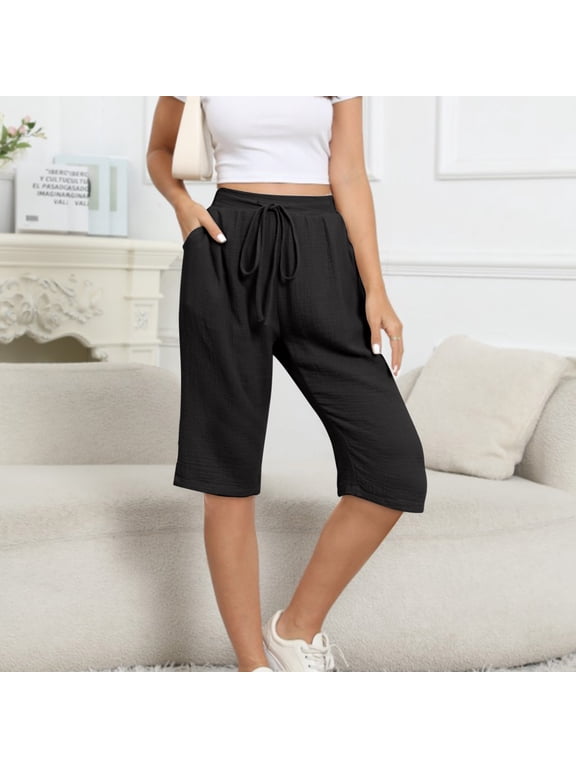Bermuda Shorts for Women Trendy Loose Comfy Gauze Knee Length Shorts Drawstring Waist Solid Casual Short with Pockets