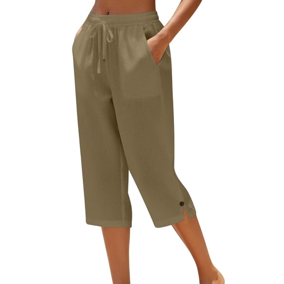 EazyTech Capri Pants for Women Straight Leg Drawstring Elastic Waist Linen Pant Lightweight Loose Casual Summer Clothes