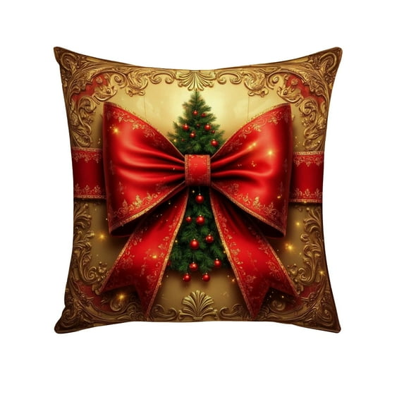 EazyTech Christmas Bell & Bow Pillow Covers 18x18 Inch Set of 2, Linen Sofa Decor for Holiday Living Room, Red Gold Festive Accents
