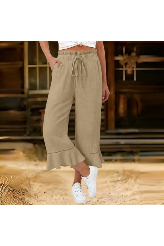 Cotton Pants Women Summer Casual Wide Leg Drawstring Elastic Waist Ruffle Hem Capri Pants with Pockets