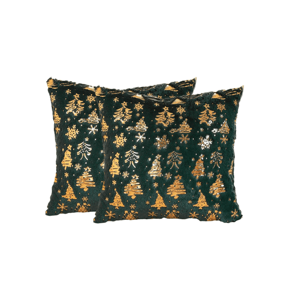 EazyTech Dark Green Soft Plush Christmas Pillow Covers 2-Pack, Gold Foil Tree & Snowflake Design for Sofa Living Room Holiday Decor​​ 18"x18"