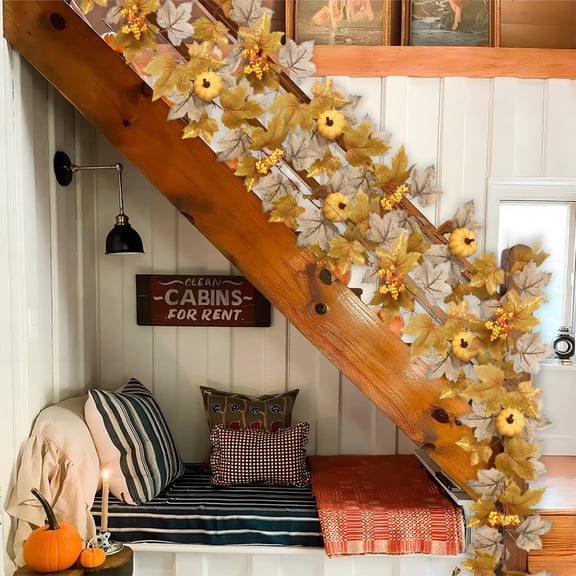 EazyTech Halloween Pumpkin Maple Leaf Garland - 3.28ft Autumn Decor for Holiday, Thanksgiving, Mantel, Staircase, Party Decoration
