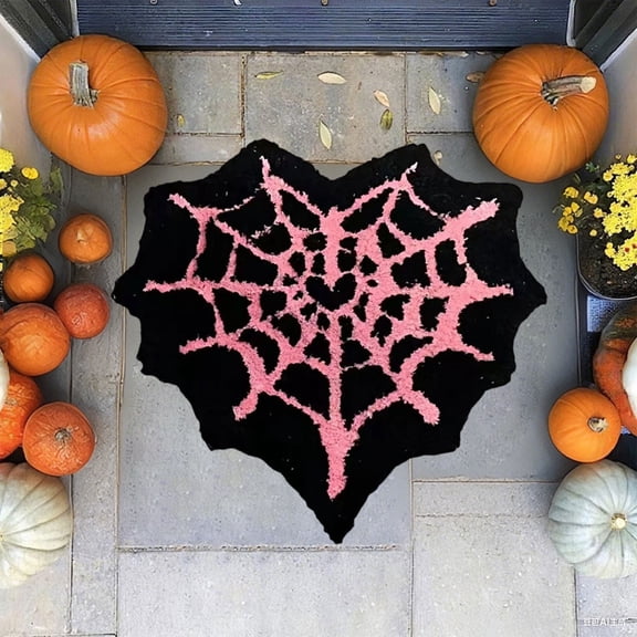 EazyTech Heart Shape Spider Web Bath Mat for Halloween Decoration, Black & Hot Pink Spooky Bathroom Rugs for Bedroom, Non-Slip Gothic Rug Home Decor, 31.5"×20"/24"×16"