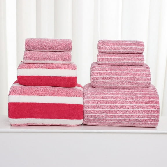EazyTech Microfiber Stripd Bath Towel Set of 8 Large - Highly Absorbent Bath Towels for Bathroom/Gym/Spa | 2 Bath Towels, 2 Hand Towels ,4 Washcloths | Hotel Quality Plush Towels (Pink)
