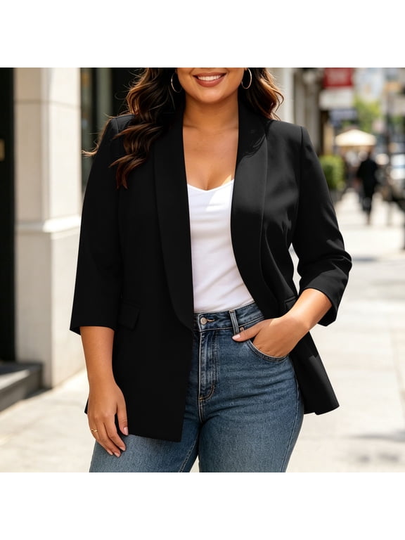 Plus Size Blazers for Women Casual Work Office 3/4 Sleeve Open Front Suit Jacket Blazer with Pockets