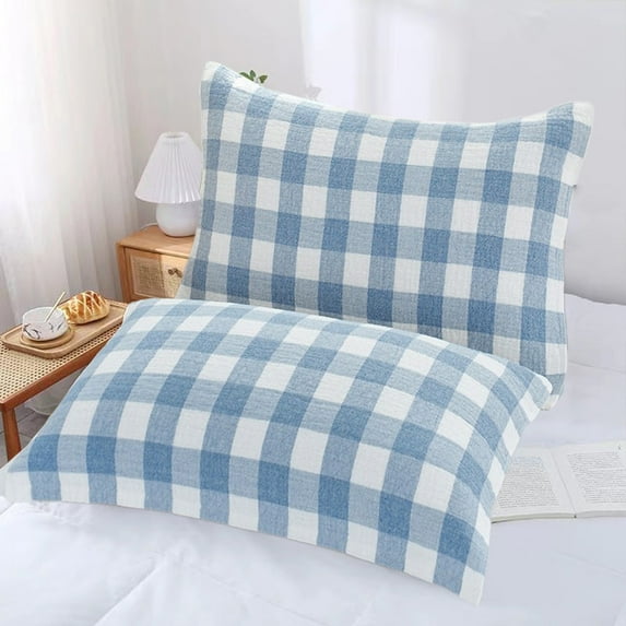 EazyTech Premium Cotton Plaid Pillowcase - Standard Size 20x30 Inch Soft Breathable Woven Bedding Cover for Home & Guest Room Blue