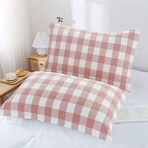 EazyTech Premium Cotton Plaid Pillowcase - Standard Size 20x30 Inch Soft Breathable Woven Bedding Cover for Home & Guest Room Pink