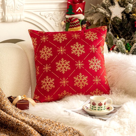 EazyTech Red Christmas Pillow Covers Set of 2, Double-Sided Gold Foil Snowflake Xmas Tree Design Holiday Decor for Sofa Bed Couch​​