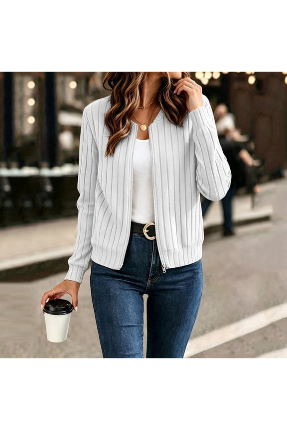 Ribbed Zip Up Jacket for Women Long Sleeve Fall Tops Lightweight Spring Coat Casual Trendy Jackets No Hood