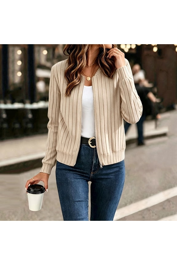 Ribbed Zip Up Jacket for Women Long Sleeve Fall Tops Lightweight Spring Coat Casual Trendy Jackets No Hood