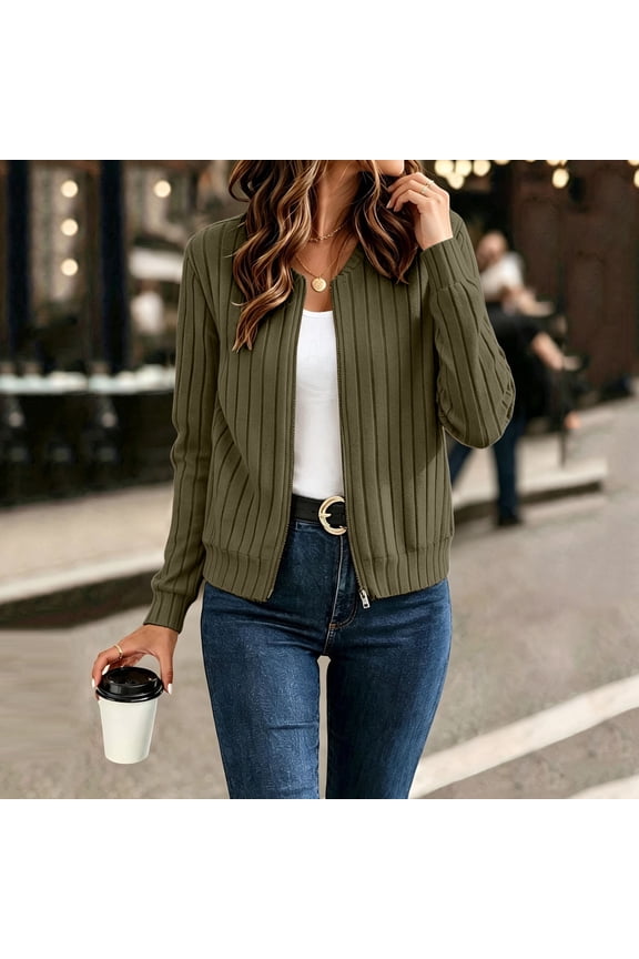 Ribbed Zip Up Jacket for Women Long Sleeve Fall Tops Lightweight Spring Coat Casual Trendy Jackets No Hood