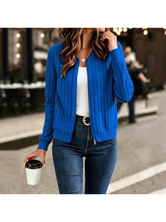 Ribbed Zip Up Jacket for Women Long Sleeve Fall Tops Lightweight Spring Coat Casual Trendy Jackets No Hood