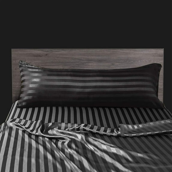 EazyTech Silk Satin Body Pillow Pillowcase, Ultra Soft Microfiber Long Pillow Case with Envelope Closure Luxurious Large Striped Pillow Cover 20x54 inch for Elegant Bedding Decor Black