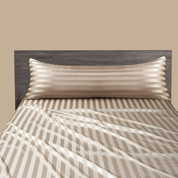 EazyTech Silk Satin Body Pillow Pillowcase, Ultra Soft Microfiber Long Pillow Case with Envelope Closure Luxurious Large Striped Pillow Cover 20x54 inch for Elegant Bedding Decor Khaki