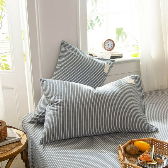 EazyTech Standard Size Cotton Pillowcase - Soft Breathable Striped Pillow Case for Farmhouse & Neutral Decor, 20x30 Inch Envelope Closure, Washed Fabric, Comfortable Blue