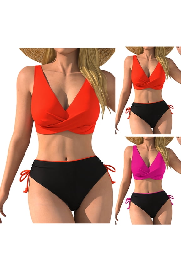Two Piece Bikini Set Women V Neck Cross Front Tummy Control Swimsuit High Waisted Cheeky Ruched Bathing Suit