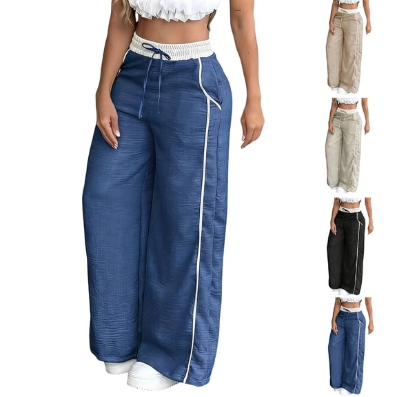 EazyTech Wide Leg Pants Woman Color Blocked High Waist Straight Casual with Pockets