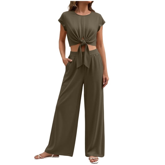 EazyTech Women 2 Piece Lounge Sets 2026 Casual Summer Outfits Cap Sleeve Strappy Crop Tops Wide Leg Pant Tracksuit