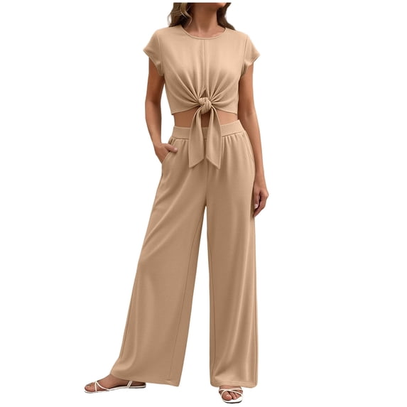 EazyTech Women 2 Piece Lounge Sets 2026 Casual Summer Outfits Cap Sleeve Strappy Crop Tops Wide Leg Pant Tracksuit