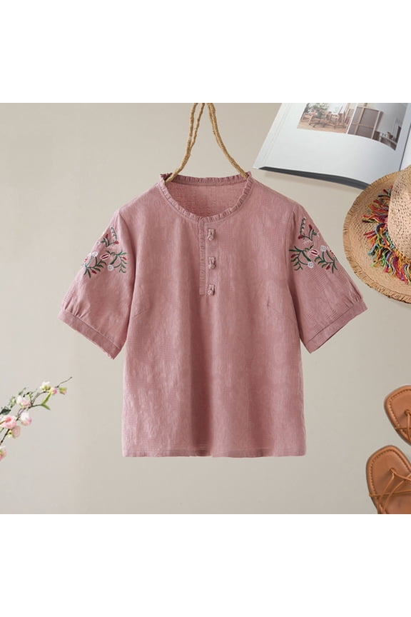Women Casual Crew Neck Short Sleeve Lettuce Edge Embroidered Loose Fit Summer Top