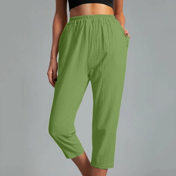 EazyTech Women Casual Solid Pockets Elastic Waist Comfortable Straight Calf-Length Pants Polyester Spandex Stretchy Lounge Trousers