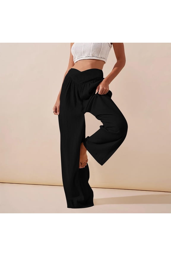 Women Casual Wide Leg Pants with Pockets Soft Comfy Summer Long Pants Elastic Waist Loose Trousers for Daily Home Party
