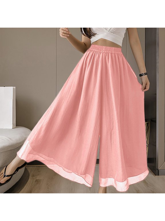 Women Loose Casual Double Layer Chiffon Wide Leg Pants for Daily Wear Lightweight Soft Comfy Solid Color Spring Summer
