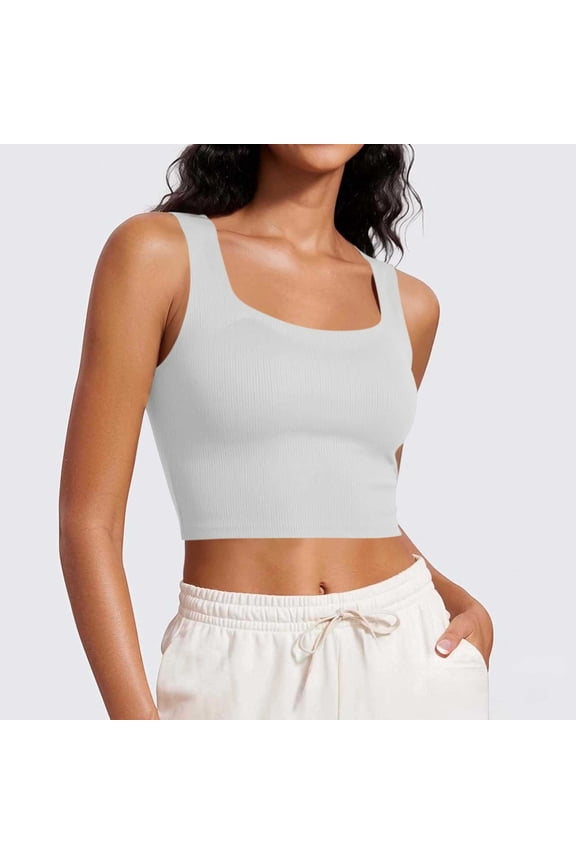 Women Rib Tank Top Padded Workout Top Square Neck Crop Tank Fitted Basic Cami Tops