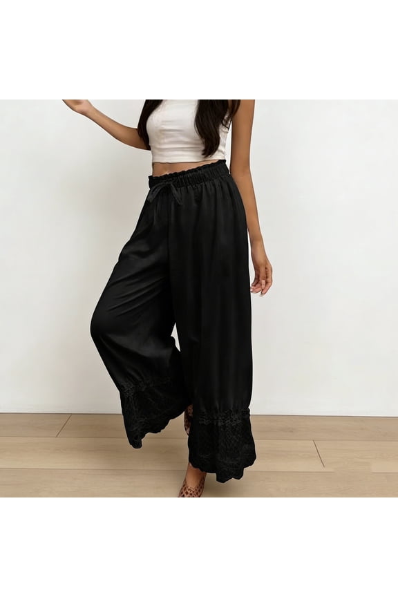 Women Ruffle Long Bloomer Mid Rise Lace Trim Pettipants Pantaloons Patchwork Casual Loose Cropped Slips Pants Pajama