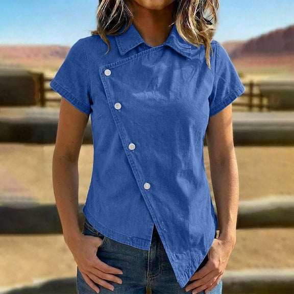 EazyTech Women Short Sleeve Button Down Shirt Collared Asymmetric Blouse Casual Work Top with Diagonal Front Closure