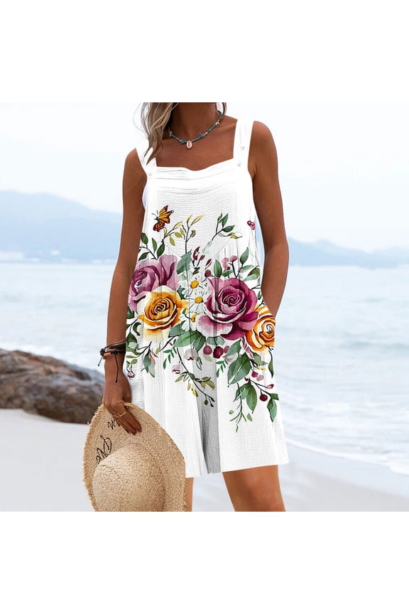 Women Sleeveless Button Front Printed Loose Jumpsuit Casual Spring Summer Overalls