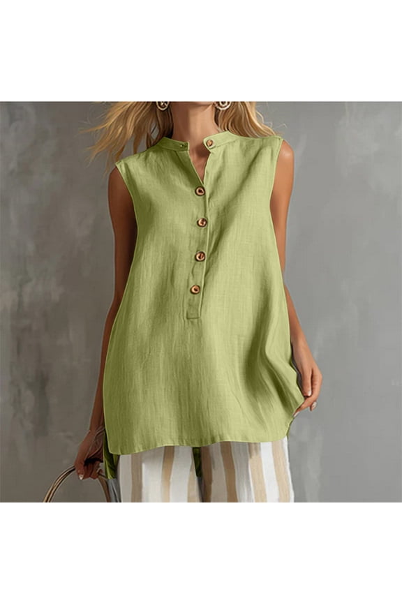 Women Sleeveless Henley Tunic Tops Linen Look Button Front Long Blouse Casual Loose Flowy Summer Shirt