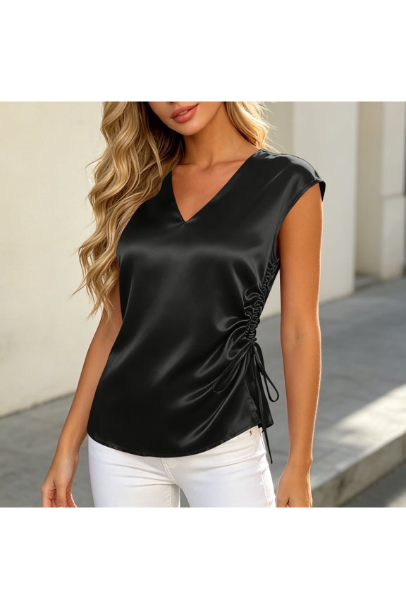 Women Sleeveless V Neck Pullover Top with Drawstring Ruched Solid Color Casual Blouse